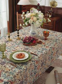 1pc Elegant Floral Printed Square Tablecloth, Rectangular Shape, Vintage & Sophisticated, Suitable For Wedding, Spring/Summer, Afternoon Tea, Kitchen Gathering Decoration