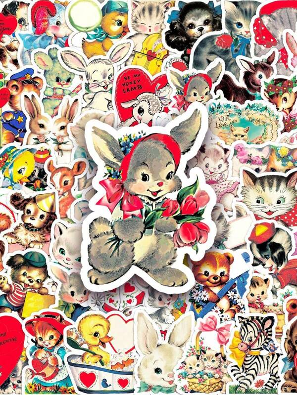 Paquete de 66 pegatinas de animales de dibujos animados vintage, aptas para botellas de agua, portátiles, patinetas, etc. Juego de garabatos enérgicos para diarios, scrapbooks, suministros para fiestas, perfectas para útiles escolares de invierno, Año Nuevo y vuelta al cole.