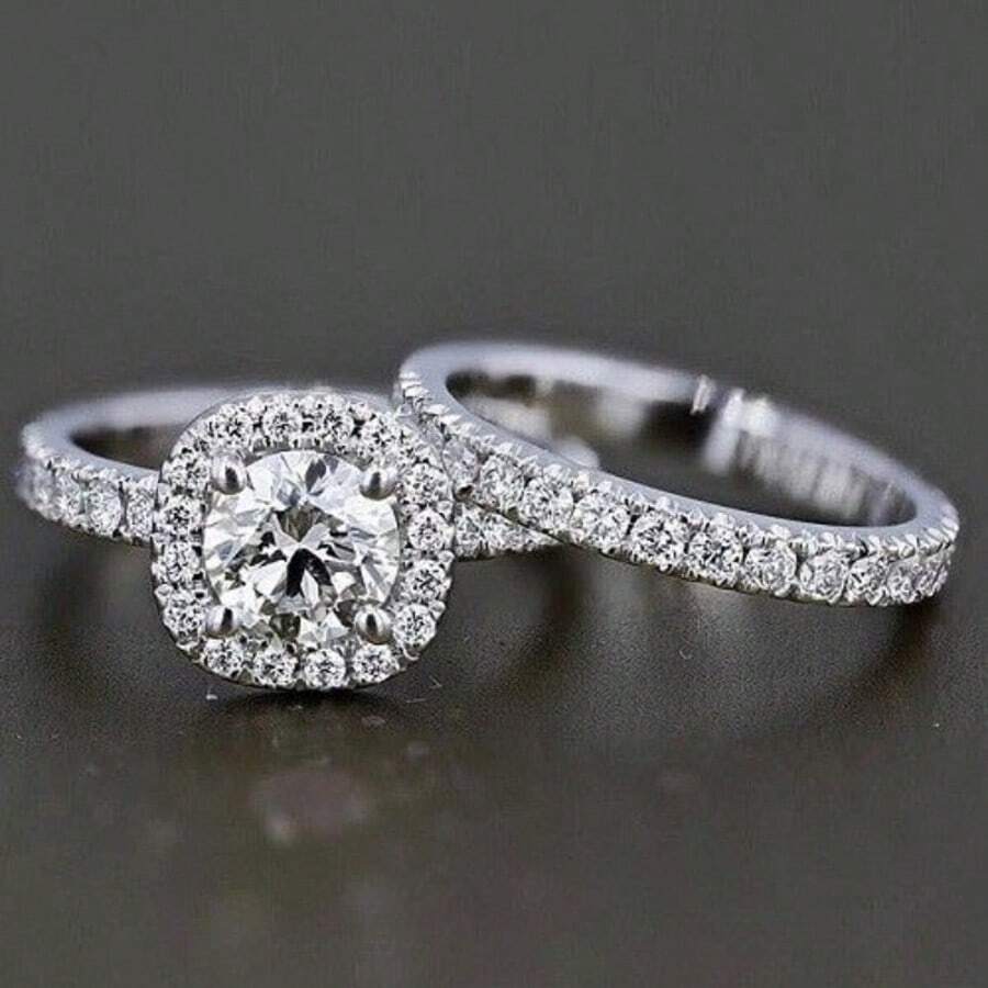 2pcs/Set Elegant Silver Plated Women Wedding Rings, Round Synthetic Zirconia Inlay, Suitable For Weddings, Rings, Jewelry, Perfect For Anniversary, Valentine's Day And Birthday Gifts - Silver - View 1