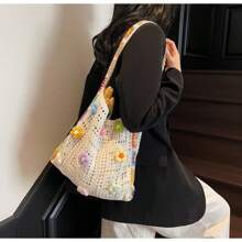 Bohemian Style Large Capacity Tote Bag, Fashion Floral Crochet Handbag, Multicolor Hollow Out Knitted Shoulder Bag, Openwork Floral Crossbody Bag For Women, Suitable For Summer Beach Vacation, Ladies Daily Shopping Bag, Gift For Her