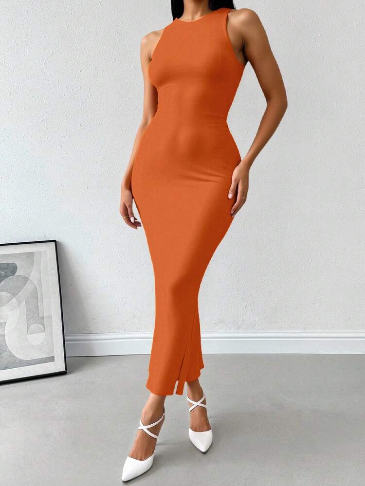 Vestido de Corte Largo Ajustado sin Mangas y Cuello Redondo para Mujer - Naranja - Añade 3