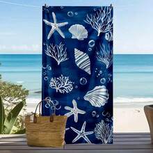 1 pieza Manta de playa con estampado de estrella de mar y concha - Tamaño grande, suave de microfibra, secado rápido, anti-arena, ideal para viajes, camping, natación, yoga y vacaciones en la playa, azul con patrón de criaturas marinas blancas, Esterilla de playa, Artículos esenciales de playa - Multicolor - Ver 4