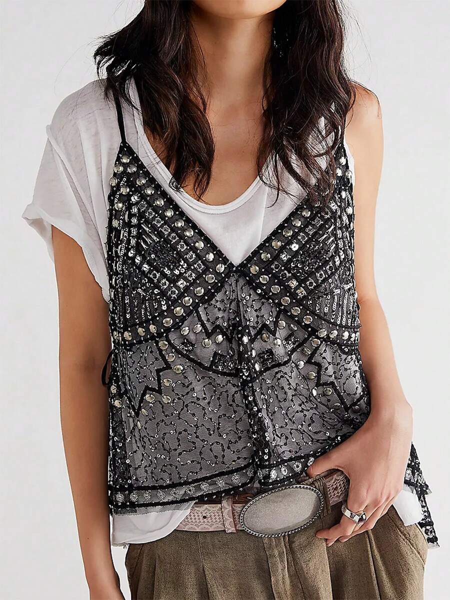 Womens Reinstone Shinny Tank Tops Casual V Neck Strappy Sequin Sparkle Shimmer Camisole Sleeveless Sheer Tanks Tops - màu đen - Xem 1