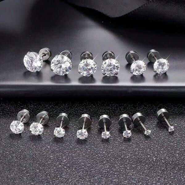 8pcs Stainless Steel Flat Stud Earrings Set With Cubic Zirconia, 3mm-6mm