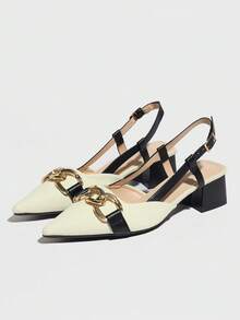 女士尖头低跟露跟高跟鞋，性感休闲优雅舒适粗跟黑色正装鞋，适合春秋季节 - 黑色 - 查看 5