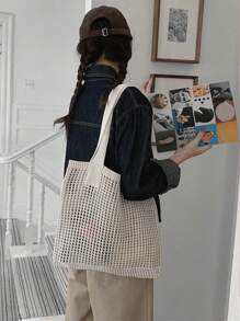 Yogodlns Geantă de vară pentru femei, stil vintage de vacanță, tricotată manual, curea de umăr croșetată, capacitate mare, geantă de mare capacitate tricotată cu gol, stil de vacanță