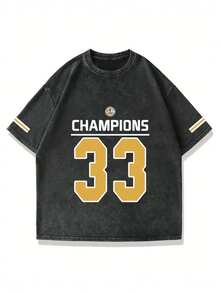 Men's Washed Retro Print Graphic Tee With Number 33, Minimalist Design, Casual Streetwear Pullover T-Shirt In Black - Black - View 2