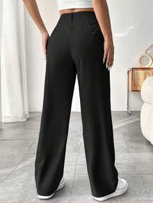 Pantalones de traje de cintura alta para mujer, pantalones anchos de color liso, pantalones de mujer, textura, simple, casual, de moda y versátil - Negro - Ver 2