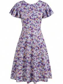 Women's Semi-Formal Ruffle Sleeve V-Back Work Fit And Flare Cocktail Knee Length Dress With Pockets, 2025 Style - Purple Floral - 查看 3