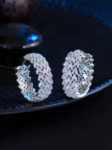 1 Pair Dubai Yellow Gold Plated Big Round Micro Pave CZ Heart Tennis Hoop Earrings, Women Silver Plated Cubic Zirconia Jewelry Accessories For Brides, Engagement, Wedding, Banquet, Party, Or Mother's Christmas Gift
