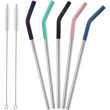 Local Delivery-Set Of 5 Stainless Steel Straws With Silicone Flex Tips Elbows Cover, 2 Cleaning Brushes And 1 Portable Bag Included (Silver)- 8mm Diameter - Silver - View 1