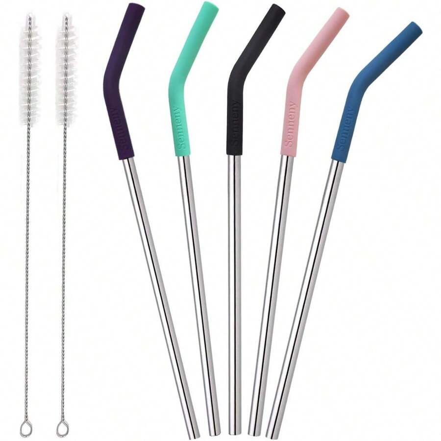 Local Delivery-Set Of 5 Stainless Steel Straws With Silicone Flex Tips Elbows Cover, 2 Cleaning Brushes And 1 Portable Bag Included (Silver)- 8mm Diameter - Silver - View 1