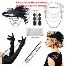 D EXCEED 6 件女式 1920 年代轻佻女郎套装，带头带串珠项链耳环手套，适合复古婚礼服装配饰 | 盖茨比服装，适合万圣节、派对和单身派对 - 彩色 - 查看 9