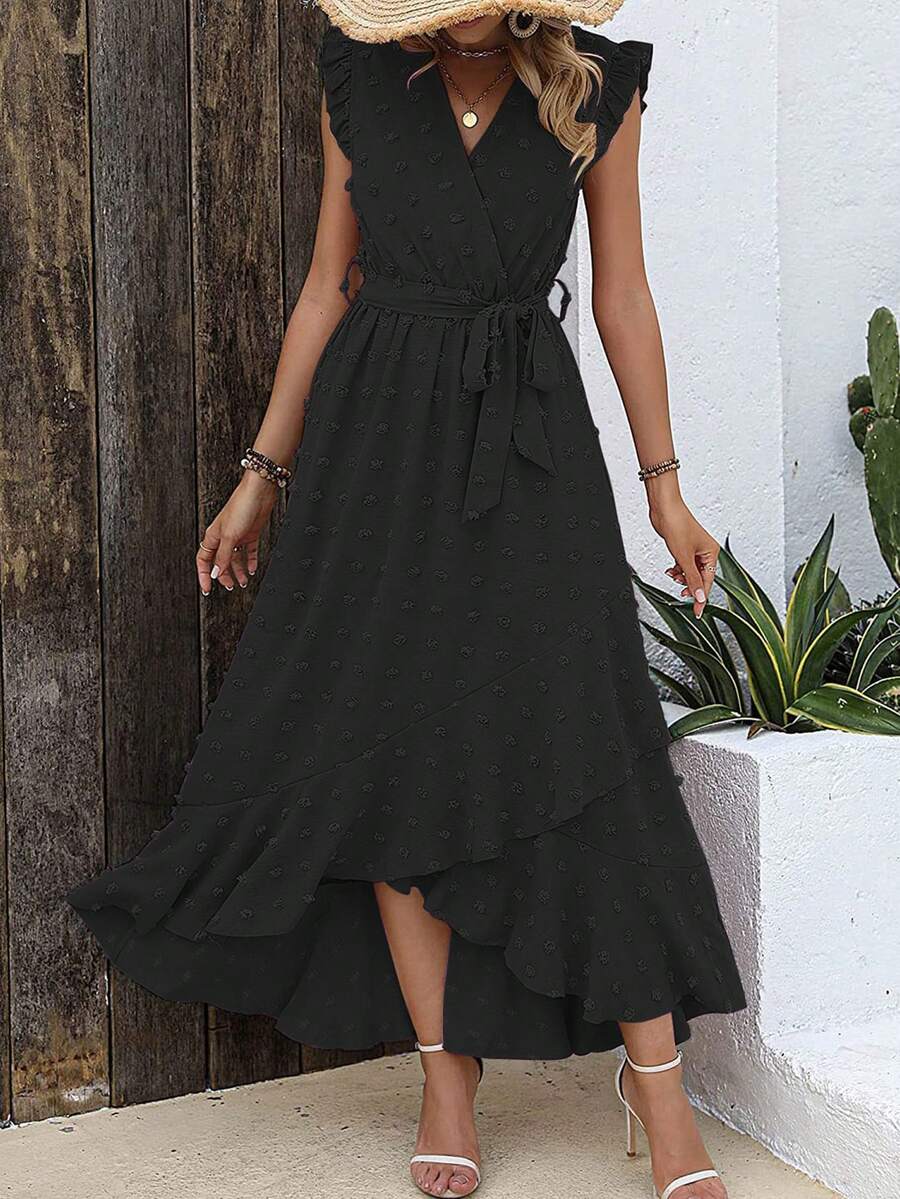 Vestido Largo De Color Sólido Para Mujer Con Cinturón De Tela,Vestido Con Olán y Corte Bajo Asimétrico - Negro - Ver 1