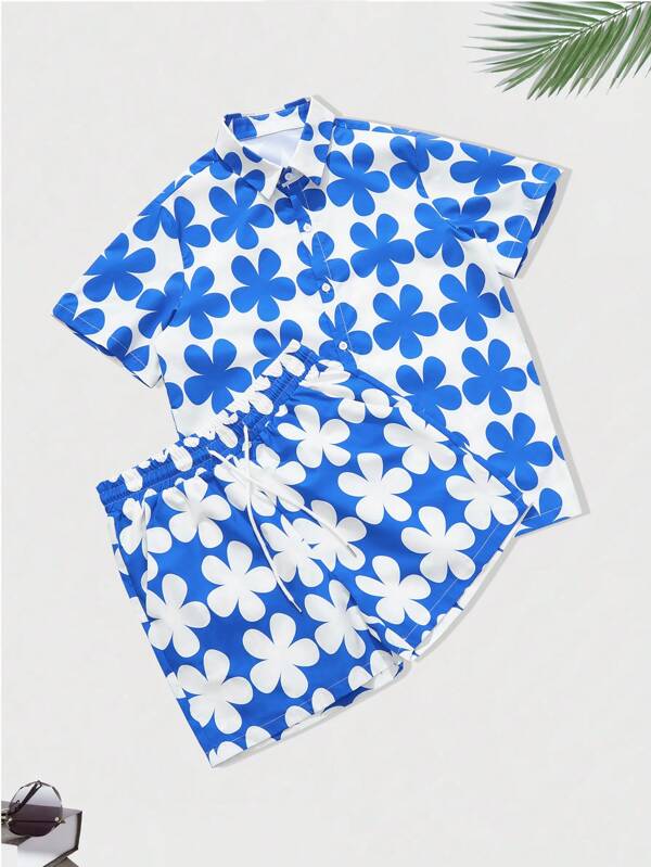 2pcs Men's Floral Print Short Sleeve Shirt And Shorts Set, Beach Vacation Outfit