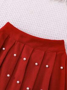 2 sztuki/zestaw Młoda dziewczyna stylowy casual biały dzianinowy kardigan i czerwona plisowana spódnica strój, nadaje się na imprezę, wyjście, wakacje, do noszenia w pomieszczeniach, na wiosnę i jesień