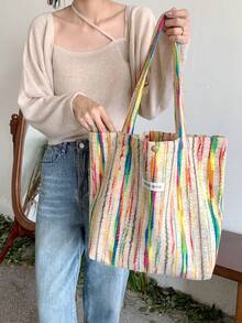 新款秋冬女士羊毛单肩包，时尚彩虹条纹休闲大容量手提包，适合大学生、高中生、办公室通勤、购物、旅行、健身、百搭穿搭 - 杏色 - 查看 6