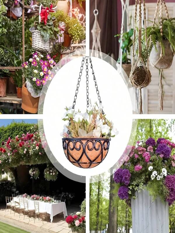 Vaso de flores suspenso de arame metálico de 8/10/12 polegadas, vaso de flores com revestimento de coco, jardim externo, varanda, decoração de sacada