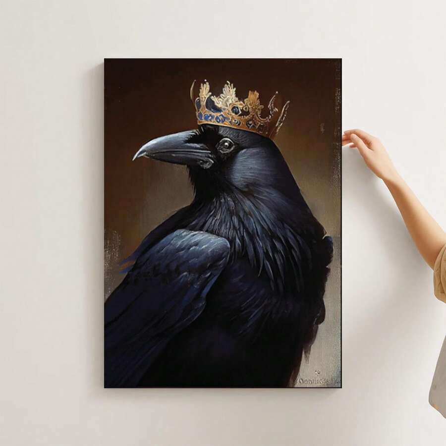 1 pieza Impresión artística del cuervo con corona enmarcada, arte gótico, decoración de pared, obra de arte gótica para dormitorio, sala de estar, arte 2D, póster decorativo estético - Ideal para el hogar, dormitorio, gimnasio, bar, cafetería, arcade o pared de la sala de estar - Regalo de arte moderno - Enmarcado - Ver 1