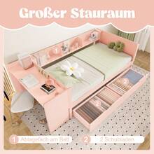 Sairedel Cama plana, cama de madeira, 90x200cm, com secretária, equipada com 2 gavetas, cama individual (sem colchão), com prateleiras, pinho+aglomerado, rosa