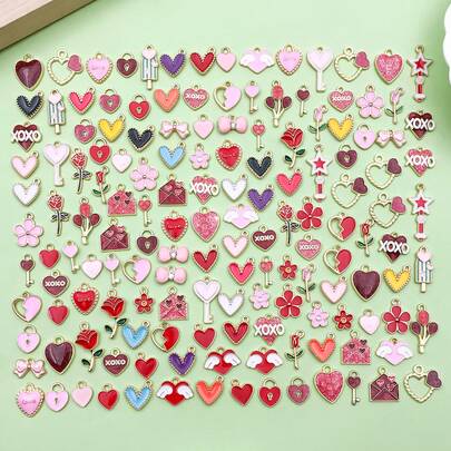 20/50/100 قطعة مزيج عشوائي من سحر عيد الحب ذهبي مينا بقلب، سحر بلون وردي أحمر لعيد الحب لتصنيع المصاغ، سوار، قلادة، أقراط، هدايا عيد الحب