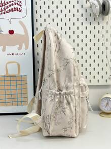 1 buc Rucsac de damă cu capacitate mare, din nailon alb, cu fermoar neted, cu imprimeu de frunze de bambus, la modă, versatil, casual, 2025, vară nouă, elegantă, unică