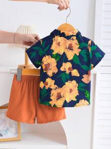 Boys' Casual Outfit: Fashionable English Style Floral Shirt + Leisure Shorts, 2pcs Suit, Casual Vacation Outfit