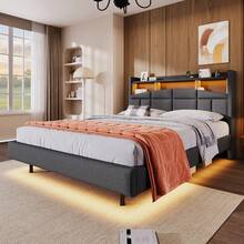 Upholstered Bed, Youth Bed With Practical Storage And Ambient Light, Linen+MDF, 140x200cm, Without Mattress - 灰色 - 查看 1