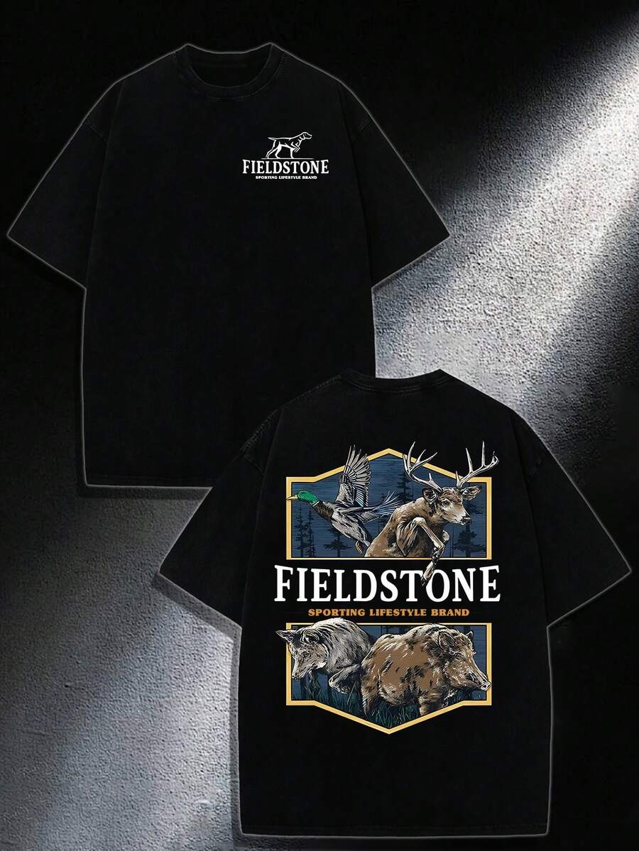 Wildlife Graphic Tee - Deer, Duck & Bear Print, 220g Cotton Loose Fit Shirt - Black - View 1