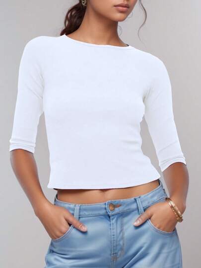 ii Women Plain Crew Neck Short Sleeve Crop Top, Casual Daily Wear