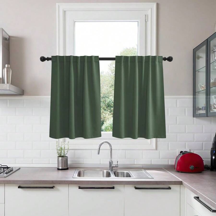 Local Delivery Black Blackout Curtains 63 Inch Length, Room Darkening Thermal Insulated Noise-Reducing Black Out Curtains For Bedroom Living Room Windows, Back Tab Rod Pocket, W52 X L63 Inches, 2 Panels - 墨綠色 - 查看 1