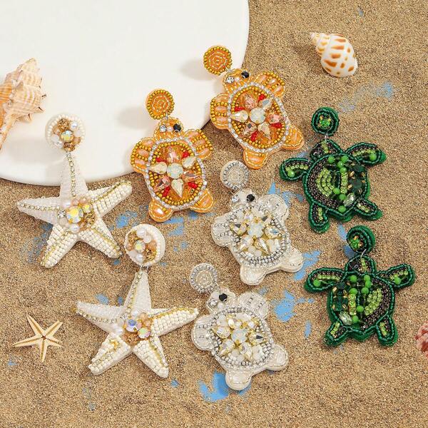 2 Pairs Handmade Beaded Sea Turtle & Starfish Earrings With Rhinestones, Colorful Woven Beaded Animal Earrings, Suitable For Women On Beach Vacation And Daily Wear