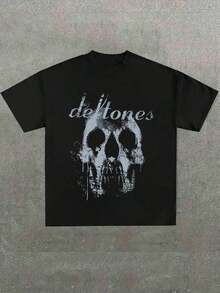 Plus Size Men Rock N Roll Music T-Shirt,Skull And 'defton Es' Band Tribute Printed Casual Soft Short Sleeve Pure Cotton 220gsm Tees - màu đen - Xem 1