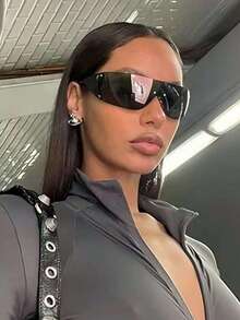 1pc Pentagonal Wrapped Y2K Futuristic Tech Style Sports Fashion Glasses - Black - View 2