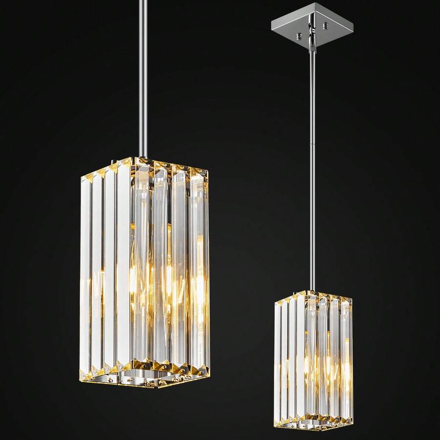 YQYYFC Modern Pendant Light Chrome Rectangle Pendant Lighting Mini Crystal Chandeliers Adjustable Pendant Light Fixture For Kitchen Island Dinning Room Living Room Corridor Bedroom(Chrome 1-Pack) - Chrome - 查看 1