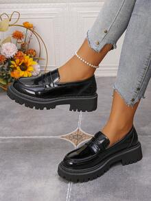 2026新款圆头绑带休闲防滑厚底英伦朋克学院风休闲时尚，舒适显瘦，一脚蹬户外女式乐福鞋，学生鞋 - 黑色 - 查看 2