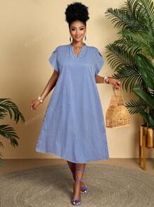 BIUBIU Vestido holgado de talla grande para mujer con cuello en V con volantes, mangas cortas, estampado geométrico, para uso diario, vacaciones y comodidad (patrón aleatorio)