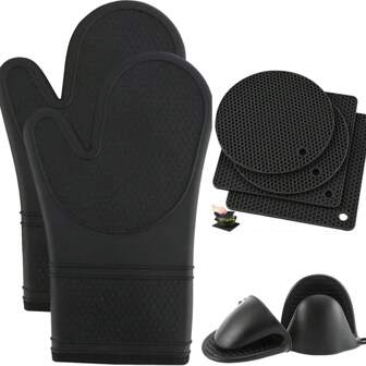 8pcs Silicone Glove Set: Heat Resistant Glove With Soft Quilted Lining, Silicone Baking Mat, Heat Resistant & Anti-Slip Thick Cotton Lining Cooking Pad Set, Waterproof Kitchen Gloves