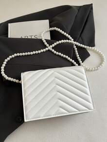 1 件简约百搭纯色 V 形压花 PU 皮革女士斜挎方形包，优雅时尚奢华珍珠链带迷你单肩包，适合女性日常约会、购物，也可作为礼物 - 白色 - 查看 7