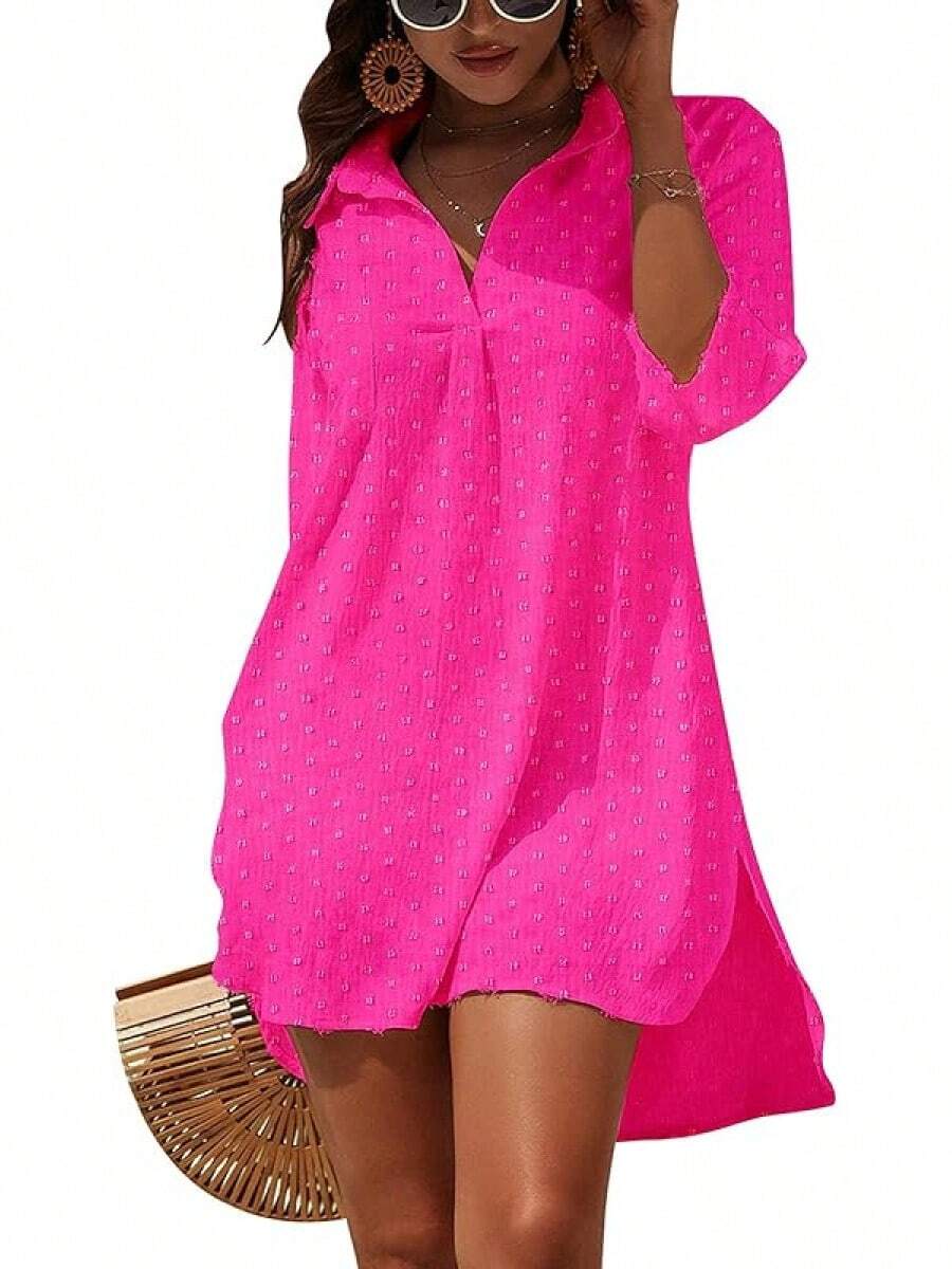 Women Swimsuit Coverups White Chiffon Bikini Swimwear Beach Cover Up Dress Shirt - Đỏ - Xem 1