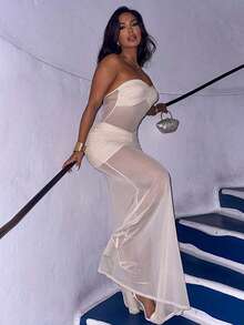 女士时尚优雅性感抹胸网纱拼接透视连衣裙，夏季白色 - 白色 - 查看 10