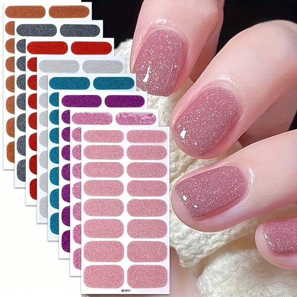 4-Pack Colorful Random * Nail Tips Nail Strips, Pink Nail Glitter Self-Adhesive Gel Nail Stickers, Suitable For Women's Home DIY Nail Care Products Nail Tips, Nail Stickers, Nail Stickers, Nail Stickers, Quick Nail Care