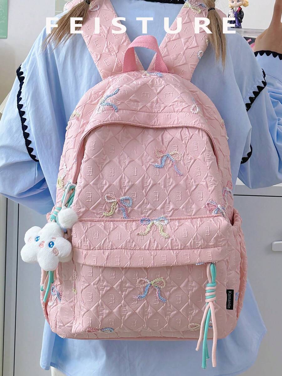 1 pieza Mochila con estampado de mariposa FEISTURE, mochila escolar de gran capacidad para estudiantes de secundaria/preparatoria/universidad - Rosa - Ver 1