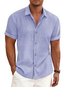 Linen Shirts Men Casual Short Sleeve Button Down Shirt Cool Summer Beach Wedding Vacation Tops - Denim Blue - View 1