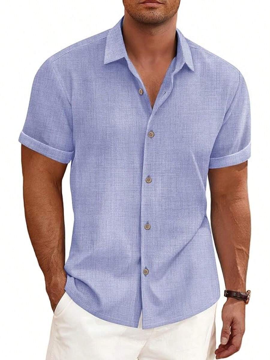 Linen Shirts Men Casual Short Sleeve Button Down Shirt Cool Summer Beach Wedding Vacation Tops - Denim Blue - View 1