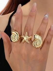 3pcs Women's Fashion Personalized Retro Oceanic Metal Seashell & Starfish Accessory, Suitable For Daily Wear
