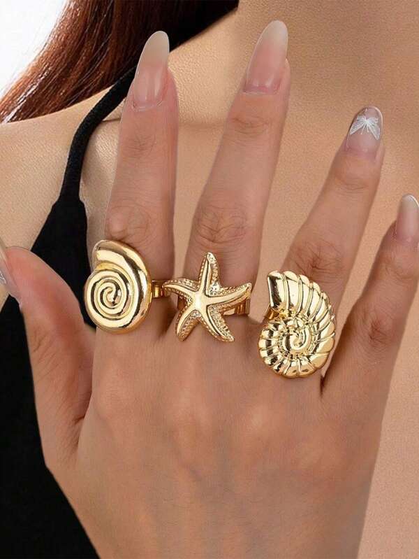 3pcs Women's Fashion Personalized Retro Oceanic Metal Seashell & Starfish Accessory, Suitable For Daily Wear