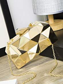 Nova bolsa de jantar com caixa de ferro e diamante da moda, bolsa de mão feminina com corrente de metal - Ouro - Ver 1