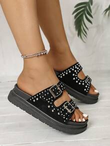 Women's Comfortable Thick Sole Rivet Strap Slip-On Sandals, Casual Beach Shoes For Summer Vacation,Travel Essential - Black - View 8