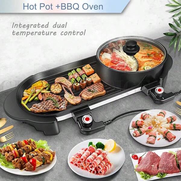 Portable 2-In-1 Electric Grill And Hot Pot - Perfect For Family Gatherings, Camping & Small Spaces, Easy Clean